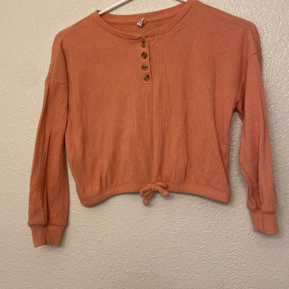 Old Navy oversized orange cozy ribbed long sleeve knit henley top shirt S 6-7